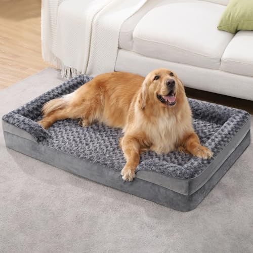 KSIIA Orthopedic Dog Beds Large Sized Dog Couch Waterproof Dog Bed Washable Dog Bed Egg Foam Pet Bed with Removable Bolster & Nonskid Bottom Large Dog Bed XL Dog Bed Sofa 41 x 27 x 7 Inch, Grey