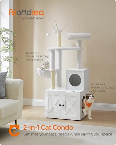 Feandrea Cat Tree with Litter Box Enclosure, 2-in-1 Modern Cat Tower, 54.3-Inch Cat Condo with Scratching Posts, Removable Pompom Sticks, Cloud White UPCT113W01