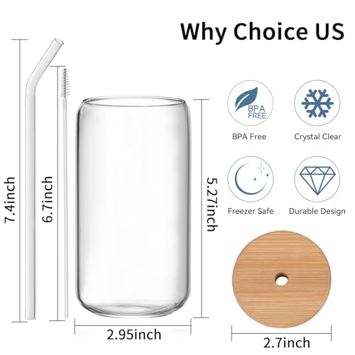 12pcs Glass Cups with Bamboo Lids and Glass Straws Set-16oz Can Shaped Drinking Glasses, Beer Glasses, Iced Coffee Glasses, Cute Tumbler Cup, Ideal for Whiskey,Cocktail,Wine,Gift-2 Cleaning Brushes