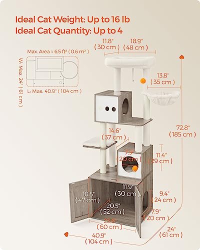 Feandrea Cat Tree with Litter Box Enclosure, 2-in-1 Modern Cat Tower, 72.8-Inch Tall Cat Condo with Scratching Posts, Perch, Caves, Basket, Washable Cushions, Heather Greige UPCT116G01