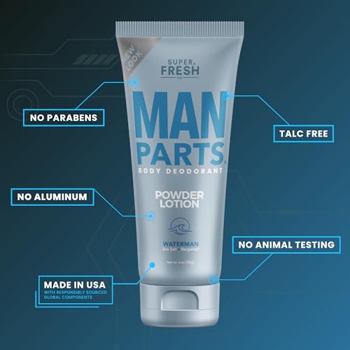 Super Fresh Man Parts Ball Deodorant for Men - POWDER LOTION - Mens Hygiene Cream for Groin, Butt, & Body - Fresh Control Odor, Anti Chafing, Stop Itch, Absorb Sweat - Aluminum Free - 4 oz Tube