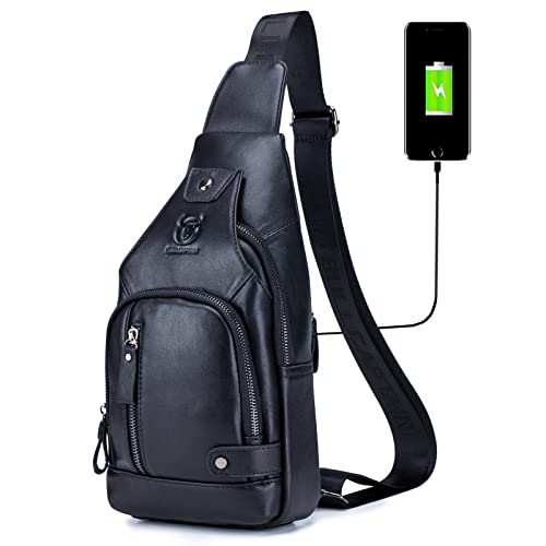 BULLCAPTAIN Genuine Leather Sling Bag with USB Charging Port Multi-pocket Chest Bag for Men Hiking Travel Daypack XB-129