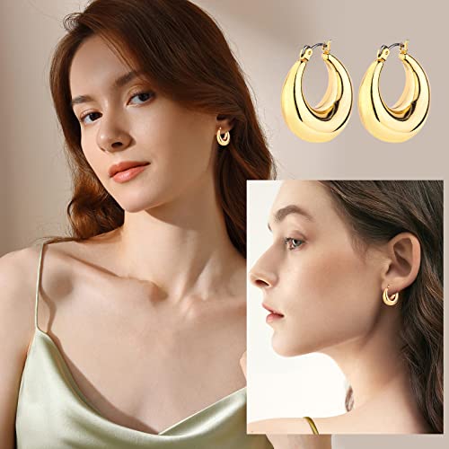 Gold Chunky Hoop Earrings Set for Women, 14K Gold Plated Twisted Huggie Hoop Earring Hypoallergenic, Thick Open Hoops Set Lightweight