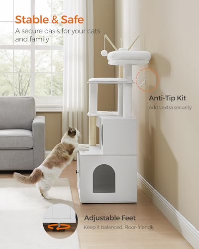 Feandrea Cat Tree with Litter Box Enclosure, 2-in-1 Modern Cat Tower, 54.3-Inch Cat Condo with Scratching Posts, Removable Pompom Sticks, Cloud White UPCT113W01