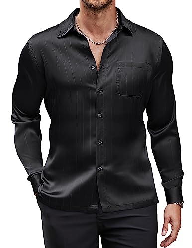 COOFANDY Men's Luxury Satin Dress Shirt Shiny Silk Long Sleeve Button Up Shirts Wedding Shirt Party Prom