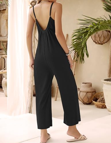 Ekouaer Jumpsuits for Women Loose Sleeveless Adjustable Spaghetti Strap Romper Stretchy Wide Leg Pants Outfits with Pockets