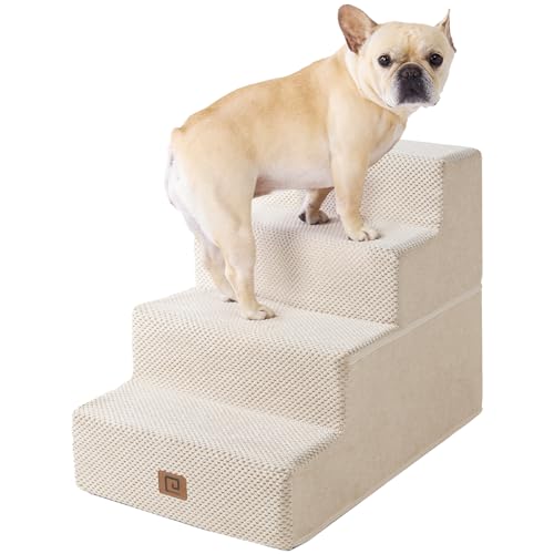 EHEYCIGA Dog Stairs for Bed 18”H, 4-Step Dog Steps for High Bed, Pet Steps for Small Dogs and Cats, Non-Slip Balanced Dog Indoor Ramp, Beige