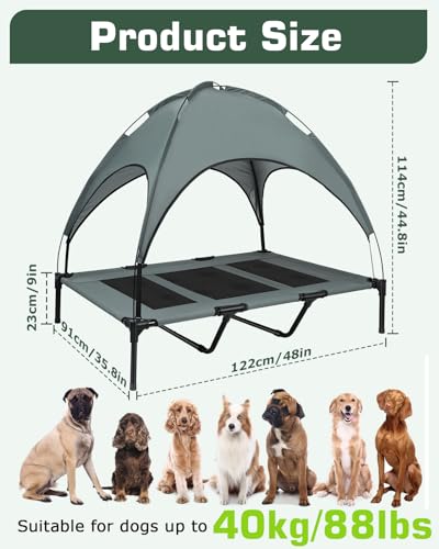 Elevated Dog Bed, Outdoor Dog Bed with Canopy, Raised Dog Cot with Anti-Slip Feet, Breathable Mesh for Indoor & Outdoor Use, Portable Cooling Dog Bed for Dogs Up to 88LBS (XL)