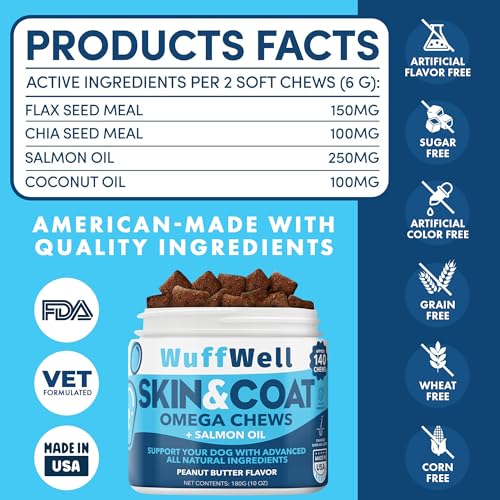 Omega 3 for Dogs with Salmon Oil 140ct - Dog Skin and Coat Supplement - Allergy and Itch Relief - Fish Oil for Dogs Chews - Dog Anti Shedding Supplement - Dry Skin Treatment - Made in USA