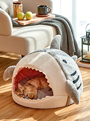 QWINEE Cat Mat Shark-Shaped Kennel Kitten Bed Hideout House Warm Soft Comfortable Semi-Closed Cat Dog Nest Grey Small