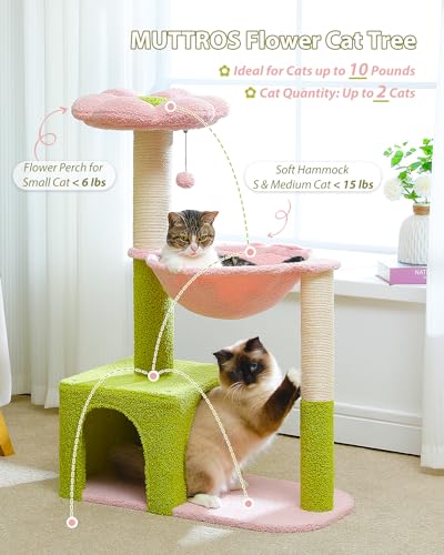 Flower Cat Tree with Large Metal Frame Hammock, 35" Cute Cat Tower with Sisal Scratching Posts for Small Indoor Cats, Cat Condo with Pink Top Perch for Kittens, Pink