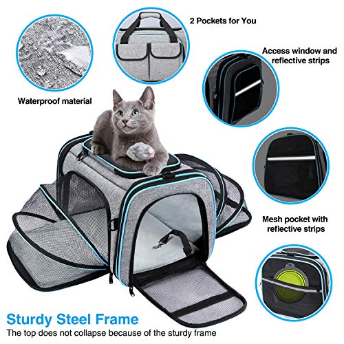 Airline Approved Pet Carrier, Large Soft Sided Pet Travel TSA Carrier 4 Sides Expandable Cat Collapsible Carrier with Removable Fleece Pad and Pockets for Cats Dogs and Small Animals