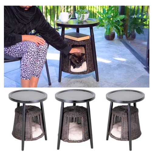 Cat Condo Side Table, 2-in1 End Table & Cat Bed, Kitten Hideaway Cave House Washable Cushion, Decorative Pet Furniture, Coffee Table Hideout Hut (Black Rattan Classic Wood Top)