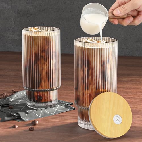 Glass Cups with Lid and Straw 2 Set, 16OZ Drinking Glasses for Whiskey Cocktail Beer, Ribbed Glassware Set for Gift (2 SET)