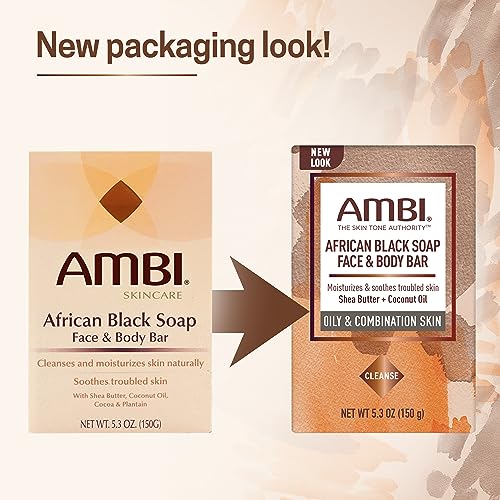 Ambi African Black Soap Face & Body Bar, Cleans and Nourishes Skin, Rinses Clear, 5.3 Ounce