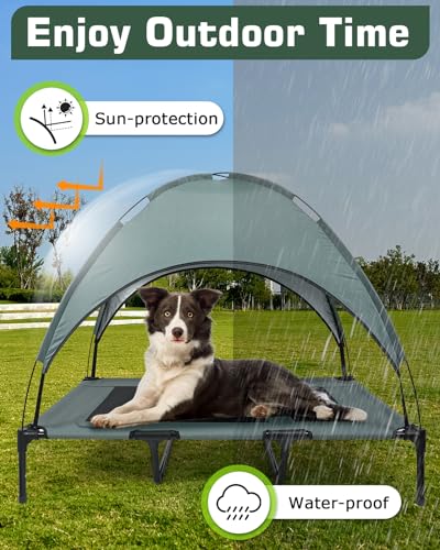 Elevated Dog Bed, Outdoor Dog Bed with Canopy, Raised Dog Cot with Anti-Slip Feet, Breathable Mesh for Indoor & Outdoor Use, Portable Cooling Dog Bed for Dogs Up to 88LBS (XL)