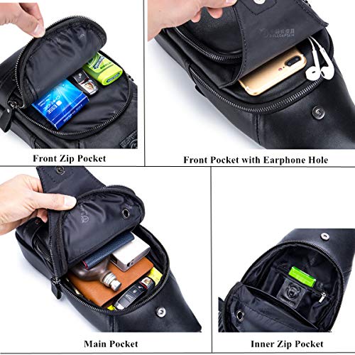 BULLCAPTAIN Genuine Leather Sling Bag with USB Charging Port Multi-pocket Chest Bag for Men Hiking Travel Daypack XB-129