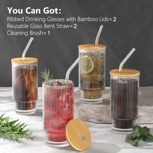 Glass Cups with Lid and Straw 2 Set, 16OZ Drinking Glasses for Whiskey Cocktail Beer, Ribbed Glassware Set for Gift (2 SET)