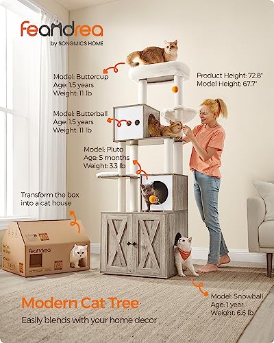 Feandrea Cat Tree with Litter Box Enclosure, 2-in-1 Modern Cat Tower, 72.8-Inch Tall Cat Condo with Scratching Posts, Perch, Caves, Basket, Washable Cushions, Heather Greige UPCT116G01