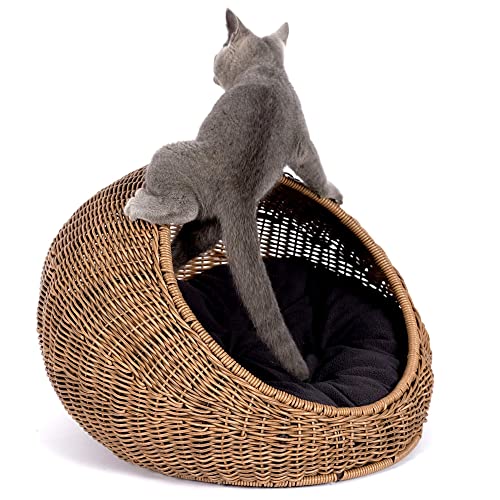 Wicker Cat Bed Dome for Medium Indoor Cats - a Covered Cat Hideaway Hut of Faux Rattan Houses Pets in Dome Basket, Washable