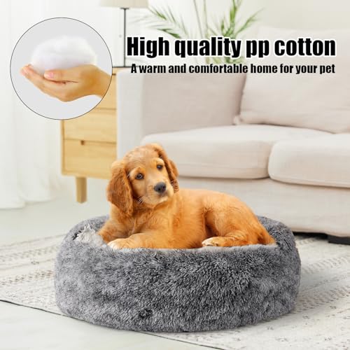 Calming Dog Beds & Cat Cave Bed with Hooded Cover,Removable Washable Round Beds for Small Medium Pets,Anti-Slip Faux Fur Fluffy Coved Bed,Comfortable Warming Pet Bed (20 * 20inch, Grey)