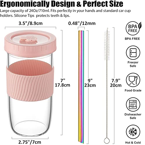 Reusable Glass Mason Jars Cups with Lids and Straws Silicone Sleeves, 4 Pack 24Oz Wide Mouth Smoothie Cups Glass Bubble Tea Cup, Leakproof drinking glasses Water Bottle Travel Tumbler for Large Pearl