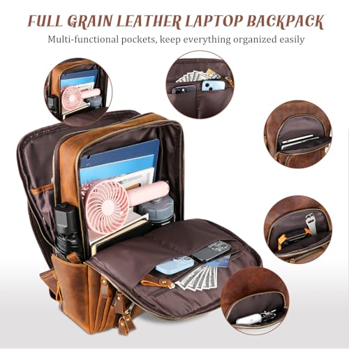 Full Grain Leather Backpack 15.6" Laptop Bag Men's Vintage Genuine Leather Business Backpack Travel Hiking Camping Rucksack Overnight Weekender Daypack