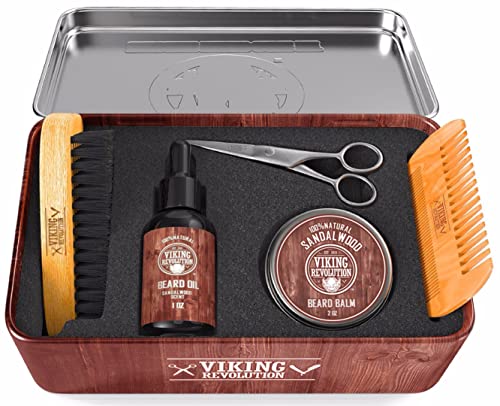 Viking Revolution Ultimate Grooming Kit for Men - Boar Brush, Wood Comb, Sandalwood Balm & Oil, Scissors for Beard & Mustache