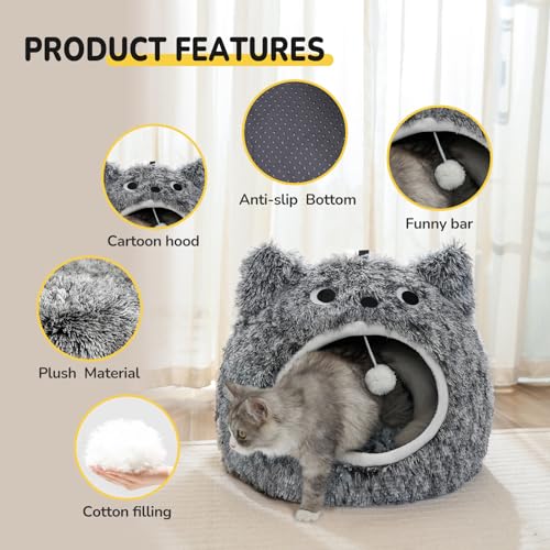 Cat Bed, Cat Beds for Indoor Cats Washable, Cute Warm Cat Cave, Large Cat & Dog Bed Cave, Cozy Plush Hooded Cat Bed with Soft Cushion, Black (20 * 20 * 16 Inches)