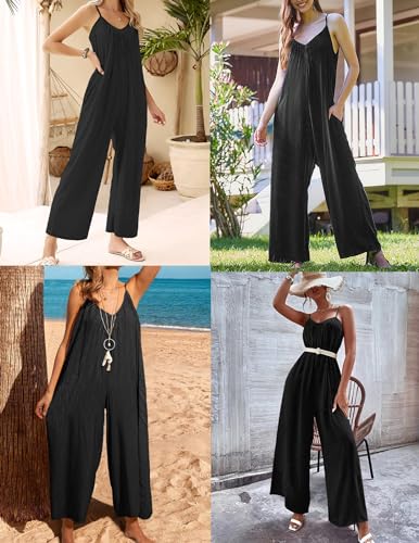 Ekouaer Jumpsuits for Women Loose Sleeveless Adjustable Spaghetti Strap Romper Stretchy Wide Leg Pants Outfits with Pockets