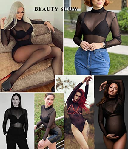 Avidlove Long Sleeve Bodysuit for Women Turtleneck Sheer Mesh Bodysuit Geo Print Leotards