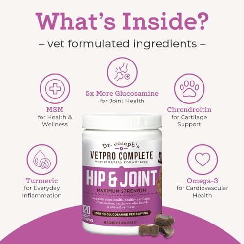 VetPro Dog Hip and Joint Supplement - Pain and Inflammation Relief Chews with Glucosamine, Chondroitin, MSM, Turmeric, Vitamin C, Omega 3 - Treats Hip Dysplasia, Arthritis - Dogs Chewable Supplements