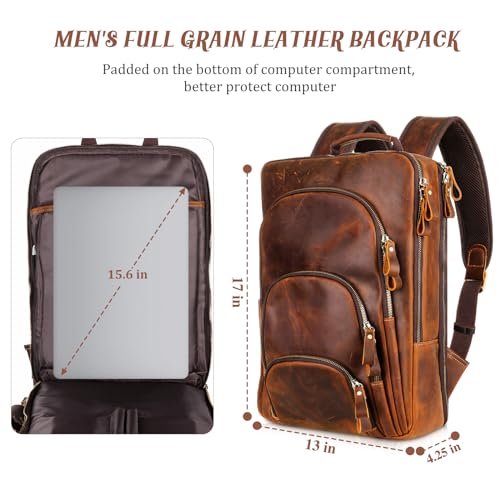 Full Grain Leather Backpack 15.6" Laptop Bag Men's Vintage Genuine Leather Business Backpack Travel Hiking Camping Rucksack Overnight Weekender Daypack