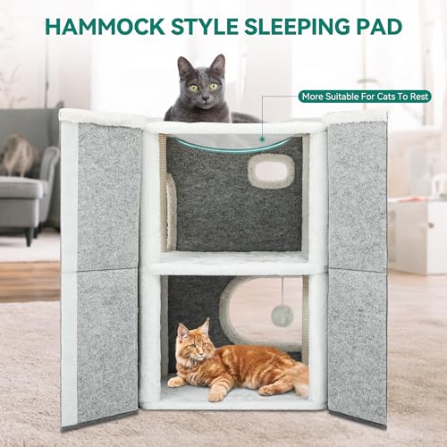 YITAHOME 2 Tier Cat House, Indoor Cat Cave Bed Playhouse, Cat Tunnels with Scratch Pad and Hideaway Cube, Cute Modern Cat Condo Furniture for Multi Small Cats, Extended (Grey)