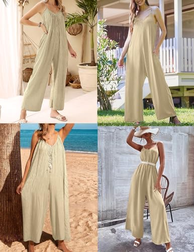 Ekouaer Jumpsuits for Women Loose Sleeveless Adjustable Spaghetti Strap Romper Stretchy Wide Leg Pants Outfits with Pockets