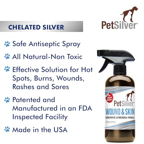 PetSilver Wound & Skin Spray with Patented Chelated Silver, Allergy Relief for Dogs Itching, Hot Spot Treatment for Dogs, Cat and Dog Wound Care, Natural Skin Soother for Dogs, USA, 16 fl. oz.