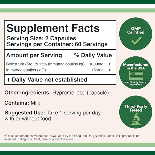 Colostrum Supplement 120 Capsules, 1,000mg per Serving (Bovine Colostrum Powder from First Milking Only, Std. to Contain 15% IgG Immunoglobulins) No Fillers, Third Party Tested by Double Wood