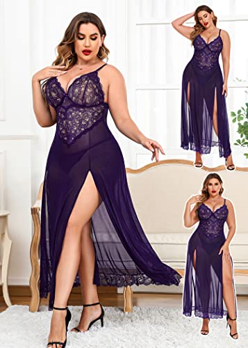 Avidlove Plus Size Lingerie For Women Babydoll Sexy Mesh Maxi Nightdress Strappy Exotic Sleepwear Side Slits