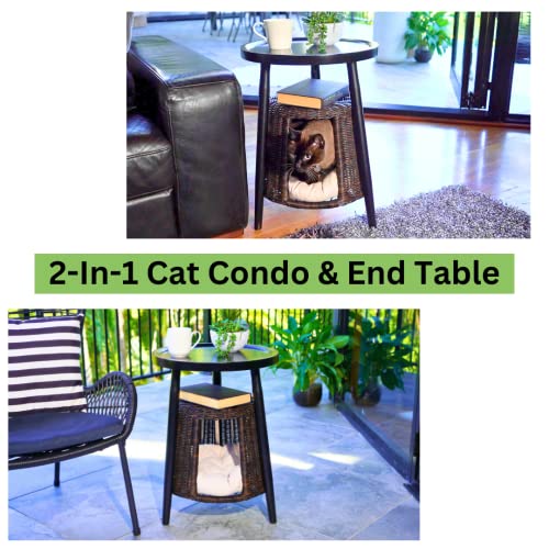 Cat Condo Side Table, 2-in1 End Table & Cat Bed, Kitten Hideaway Cave House Washable Cushion, Decorative Pet Furniture, Coffee Table Hideout Hut (Black Rattan Classic Wood Top)