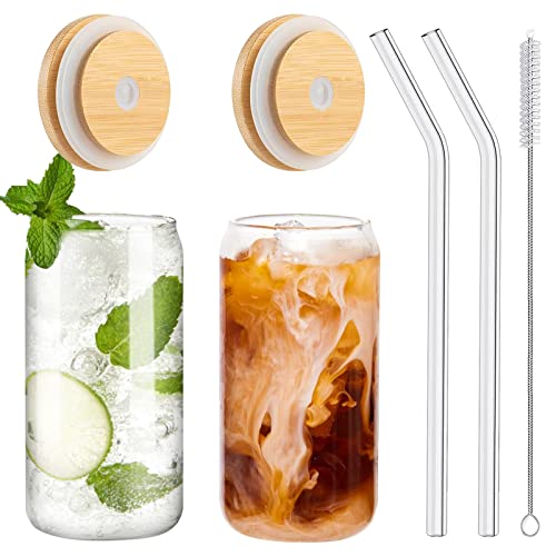 Drinking Glasses with Bamboo Lids and Glass Straw 2PCS Set, 16oz Can Shaped Glass Cups with Lids and Straws, Beer Glasses, Iced Coffee Glasses, Soda, Gift 1 Cleaning Brushes