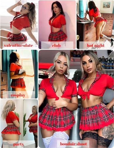 ADOME Lingerie for Women Sexy School Girl 0utfit Lingerie Set Lace Role Playing Lingerie with Tie Top and Mini Skirt