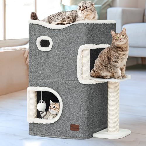 YITAHOME 2 Tier Cat House, Indoor Cat Cave Bed Playhouse, Cat Tunnels with Scratch Pad and Hideaway Cube, Cute Modern Cat Condo Furniture for Multi Small Cats, Extended (Grey)