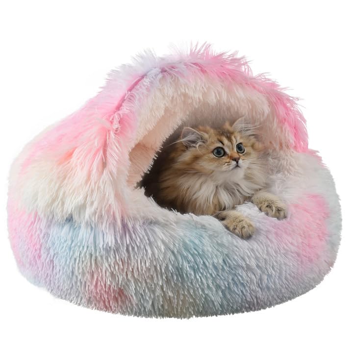 Something Different Cat Bed Round Plush Fluffy Hooded Calming Cat Bed Cave for Dogs&Cats,Self Warming pet Bed with Non-collapsed Cover for Indoor Cats or Small Dogs,Machine Washable,20in,Rainbow