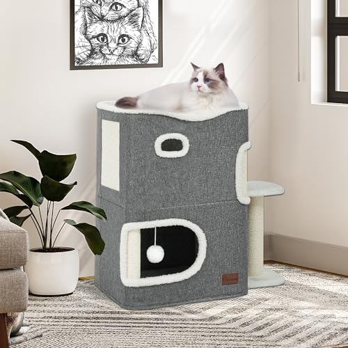 YITAHOME 2 Tier Cat House, Indoor Cat Cave Bed Playhouse, Cat Tunnels with Scratch Pad and Hideaway Cube, Cute Modern Cat Condo Furniture for Multi Small Cats, Extended (Grey)