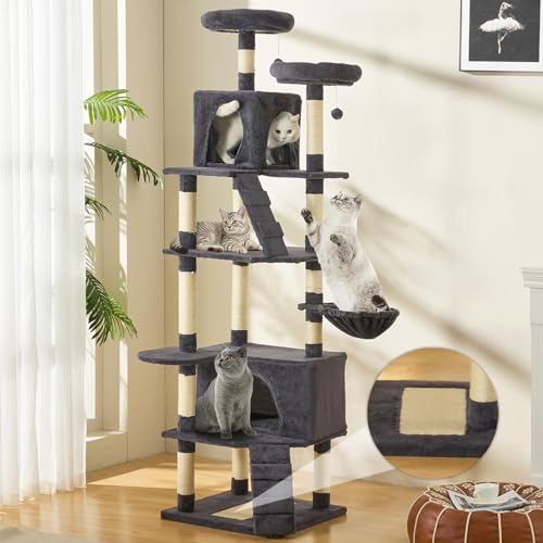 MDEAM Cat Tree 81 Inch Multi-Level Large Cat Tower for Large Cats with Cat Caves/Scratching Board/Climbing Ladder/Sisal Scratching Posts/Basket/Cozy Plush Cat Perches(Dark Gray)