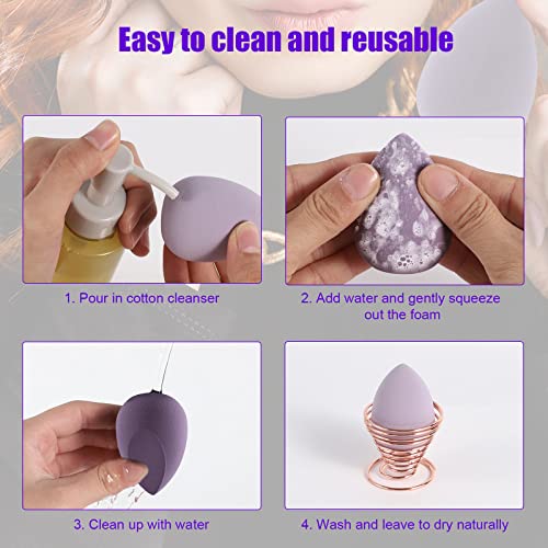 4 Pcs Makeup Sponge Beauty Blender Set - Sponges For Foundation with Egg Case and 1 Holder, Flawless for Cream, Powder Liquid (4PCS,Purple)