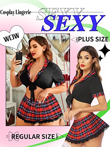 ADOME Lingerie for Women Sexy School Girl 0utfit Lingerie Set Lace Role Playing Lingerie with Tie Top and Mini Skirt