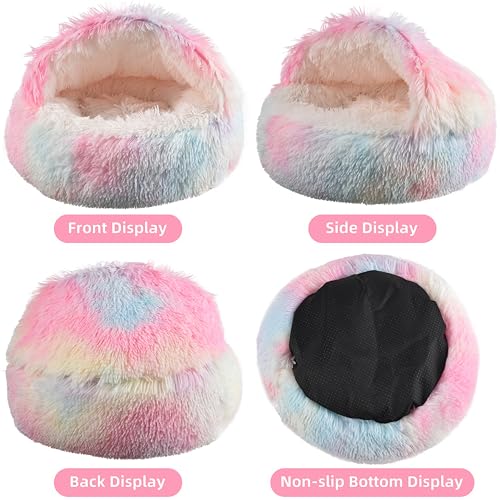 Something Different Cat Bed Round Plush Fluffy Hooded Calming Cat Bed Cave for Dogs&Cats,Self Warming pet Bed with Non-collapsed Cover for Indoor Cats or Small Dogs,Machine Washable,20in,Rainbow