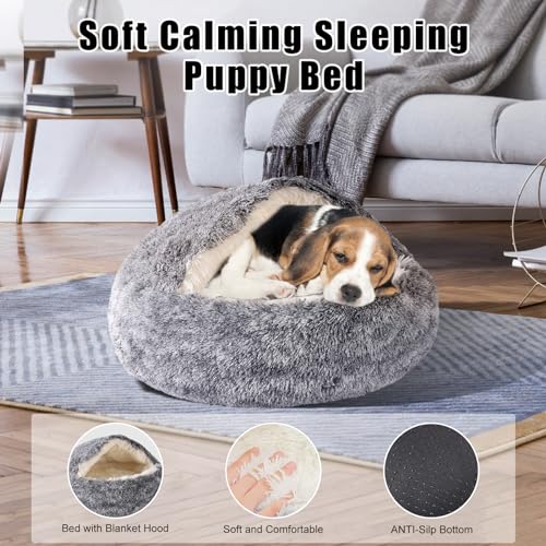 Calming Dog Beds & Cat Cave Bed with Hooded Cover,Removable Washable Round Beds for Small Medium Pets,Anti-Slip Faux Fur Fluffy Coved Bed,Comfortable Warming Pet Bed (20 * 20inch, Grey)