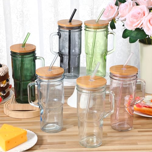 Hushee 6 Pcs 24 oz Glass Cups with Lids and Straws Glass Tumblers with Handle Reusable Drinking Cups with Lids for Adults Coffee Jars with Lids Drinking Jars for Iced and Hot Beer Juice and Tea